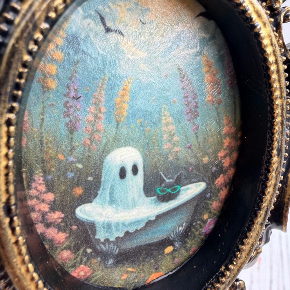 Ghost in Bathtub Art Print Ornate Black Gold Resin Frame Whimsigoth Decor 5.25in - Picture 6 of 6